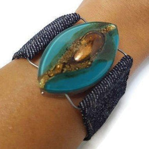 Teal Brown Fused Glass and reclaimed Demin Cuff.  Bracelet. - Handmade Recycled Glass Jewelry 