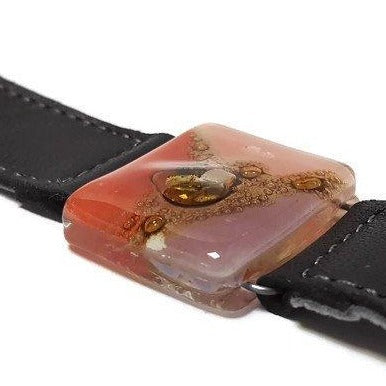 Red, pink, lilac and brown  Recycled Glass and black leather cuff. Reclaimed Leather Bracelet - Handmade Recycled Glass Jewelry 