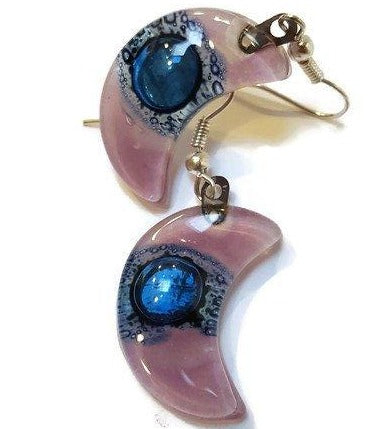 Moon Earrings. Lilac and blue Recycled Glass Drop Earrings. Dangle earrings