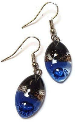Blue, black and brown Drop Earrings. Leaf Shaped fused glass dangle earrings