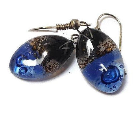 Blue, black and brown Drop Earrings. Leaf Shaped fused glass dangle earrings