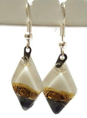 Fused Glass Black, white Brown Diamond Shape Recycled Glass Drop Earrings. Fused Glass