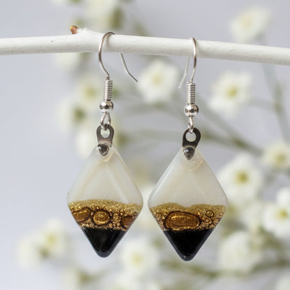 Fused Glass Black, white Brown Diamond Shape Recycled Glass Drop Earrings. Fused Glass