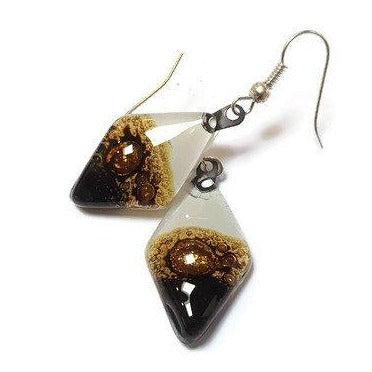 Fused Glass Black, white Brown Diamond Shape Recycled Glass Drop Earrings. Fused Glass