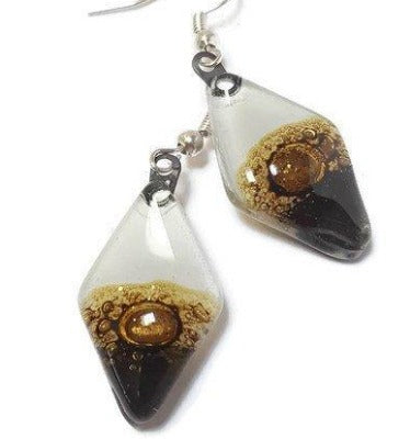 Fused Glass Black, white Brown Diamond Shape Recycled Glass Drop Earrings. Fused Glass