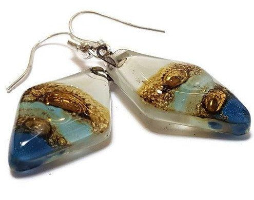 Fused Glass Blue, white and Brown Diamond Shape Recycled Glass Drop Earrings.