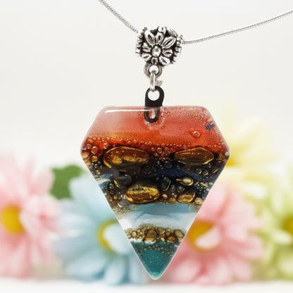 Red, Blue, teal and Brown Fused Glass Pendant. Recycled Glass Necklace - Handmade Recycled Glass Jewelry 