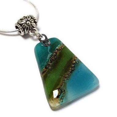 Green, teal and Brown Fused Glass small Pendant. Recycled Glass Necklace