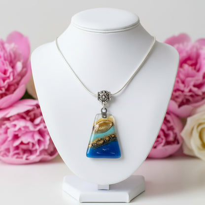 Blue. white and Brown Fused Glass small Pendant. Recycled Glass Necklace