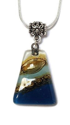 Blue. white and Brown Fused Glass small Pendant. Recycled Glass Necklace