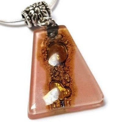 Pink and Brown Fused Glass small Pendant. Recycled Glass Necklace