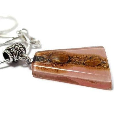 Pink and Brown Fused Glass small Pendant. Recycled Glass Necklace