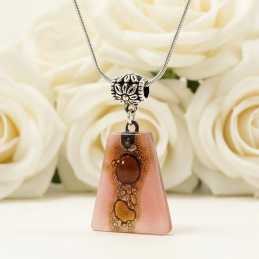 Pink and Brown Fused Glass small Pendant. Recycled Glass Necklace