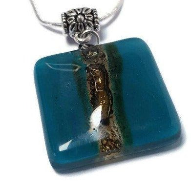 Teal and Brown Square recycled fused glass necklace. Awesome pendant. - Handmade Recycled Glass Jewelry 