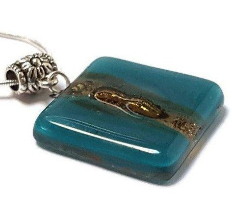 Teal and Brown Square recycled fused glass necklace. Awesome pendant. - Handmade Recycled Glass Jewelry 