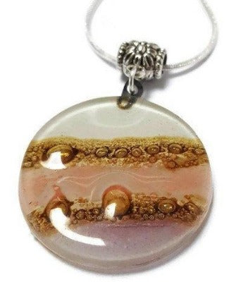 Pink, lilac, White and Brown  Round Recycled Glass Pendant