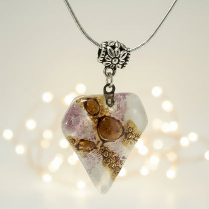 Fused Glass Pendant . White, Purple and Brown Glass Necklace.Handmade pendant