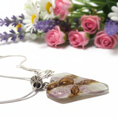 Fused Glass Pendant . White, Purple and Brown Glass Necklace.Handmade pendant
