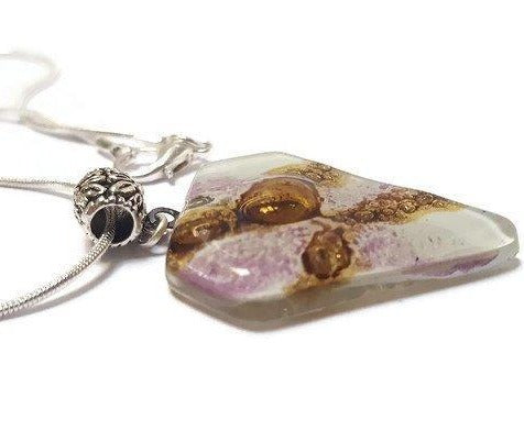 Fused Glass Pendant . White, Purple and Brown Glass Necklace.Handmade pendant