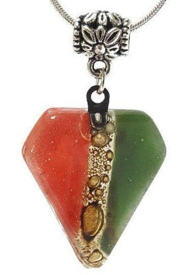 Fused Glass Pendant . Red, green and Brown Glass Necklace. Silver Plated Chain.