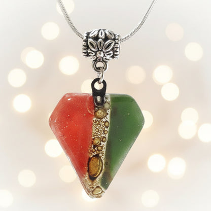Fused Glass Pendant . Red, green and Brown Glass Necklace. Silver Plated Chain.
