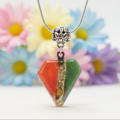 Fused Glass Pendant . Red, green and Brown Glass Necklace. Silver Plated Chain.