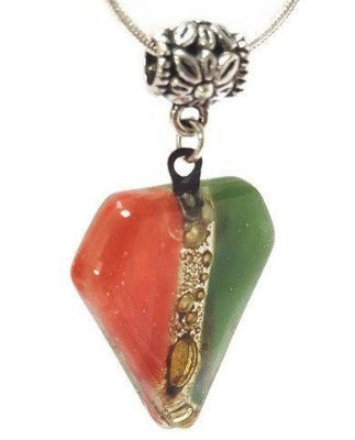 Fused Glass Pendant . Red, green and Brown Glass Necklace. Silver Plated Chain.