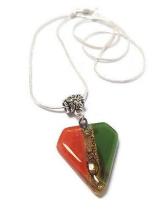 Fused Glass Pendant . Red, green and Brown Glass Necklace. Silver Plated Chain.