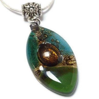 Green, teal and Brown Fused Glass leaf Pendant. Recycled Glass Necklace