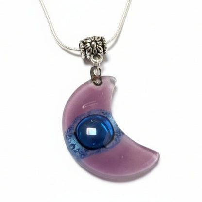 Lilac and Blue Moon shape Recycled Glass pendant. Fused Glass Necklace.