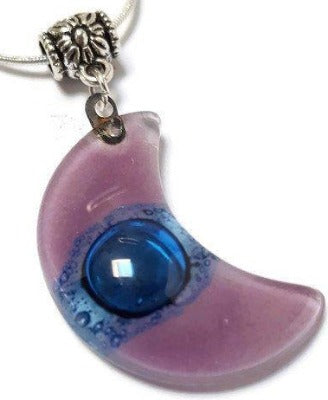 Lilac and Blue Moon shape Recycled Glass pendant. Fused Glass Necklace.