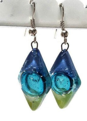 Blue green and Turquoise Glass Earrings Blue Diamond Shaped Earrings Recycled fused glass Earrings