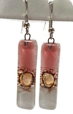 White pink and brown bars... Lots of  bubbles. Recycled Fused Glass Dangling earrings