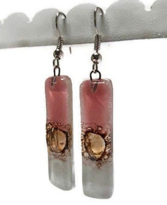 White pink and brown bars... Lots of  bubbles. Recycled Fused Glass Dangling earrings