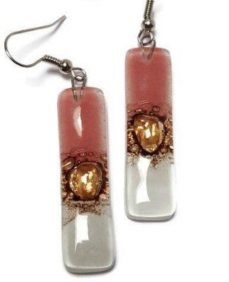 White pink and brown bars... Lots of  bubbles. Recycled Fused Glass Dangling earrings