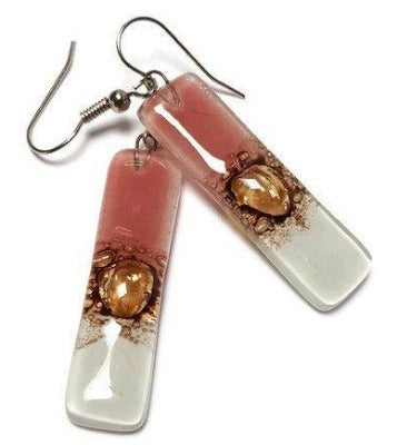 White pink and brown bars... Lots of  bubbles. Recycled Fused Glass Dangling earrings