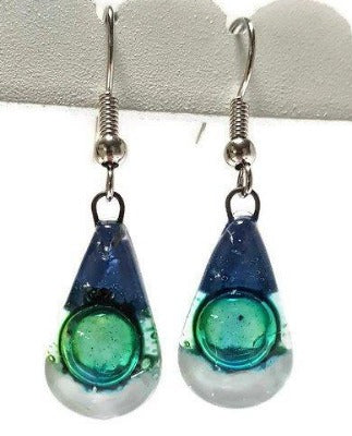 Fused Glass small Teardrop earrings. Blue white green Drop earrings