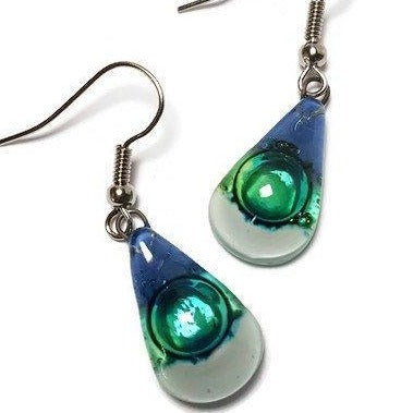 Fused Glass small Teardrop earrings. Blue white green Drop earrings