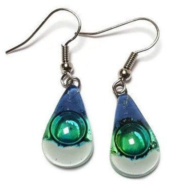 Fused Glass small Teardrop earrings. Blue white green Drop earrings