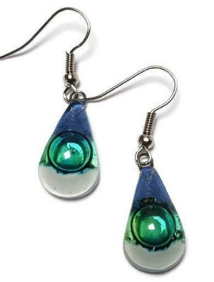 Fused Glass small Teardrop earrings. Blue white green Drop earrings