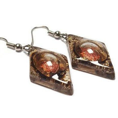 Caramel brown and copper  Earrings Diamond Shaped Earrings Recycled fused glass Earrings