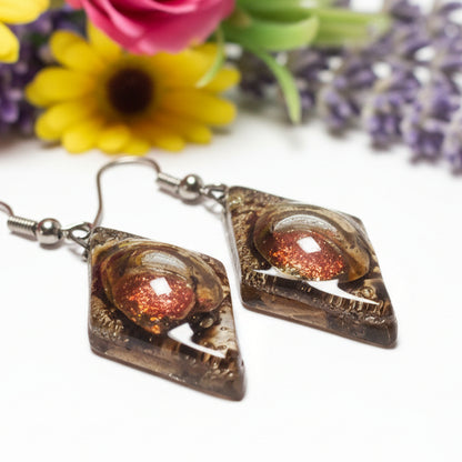 Caramel brown and copper  Earrings Diamond Shaped Earrings Recycled fused glass Earrings