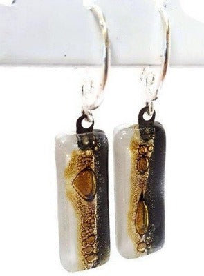 Fused glass Black white and brown earrings. Oblong neutral colors recycled glass  Dangle earrings