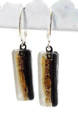 Fused glass Black white and brown earrings. Oblong neutral colors recycled glass  Dangle earrings