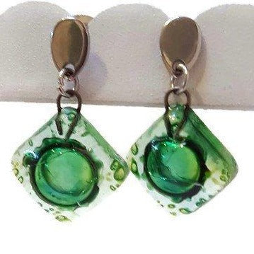 Small green recycled fused glass post dangle earrings. Drop earrings. Handmade Stud drop earrings