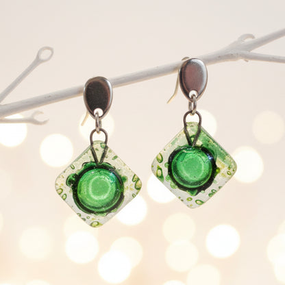 Small green recycled fused glass post dangle earrings. Drop earrings. Handmade Stud drop earrings