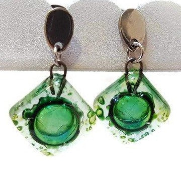 Small green recycled fused glass post dangle earrings. Drop earrings. Handmade Stud drop earrings