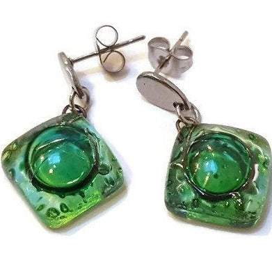 Small green recycled fused glass post dangle earrings. Drop earrings. Handmade Stud drop earrings