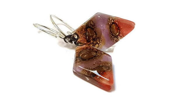 Fused Glass pink, lilac, rose Brown Diamond Shape Recycled Glass Drop Earrings.