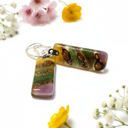Fused glass  multicolor earrings. Oblong fun colors recycled glass  Dangle earrings